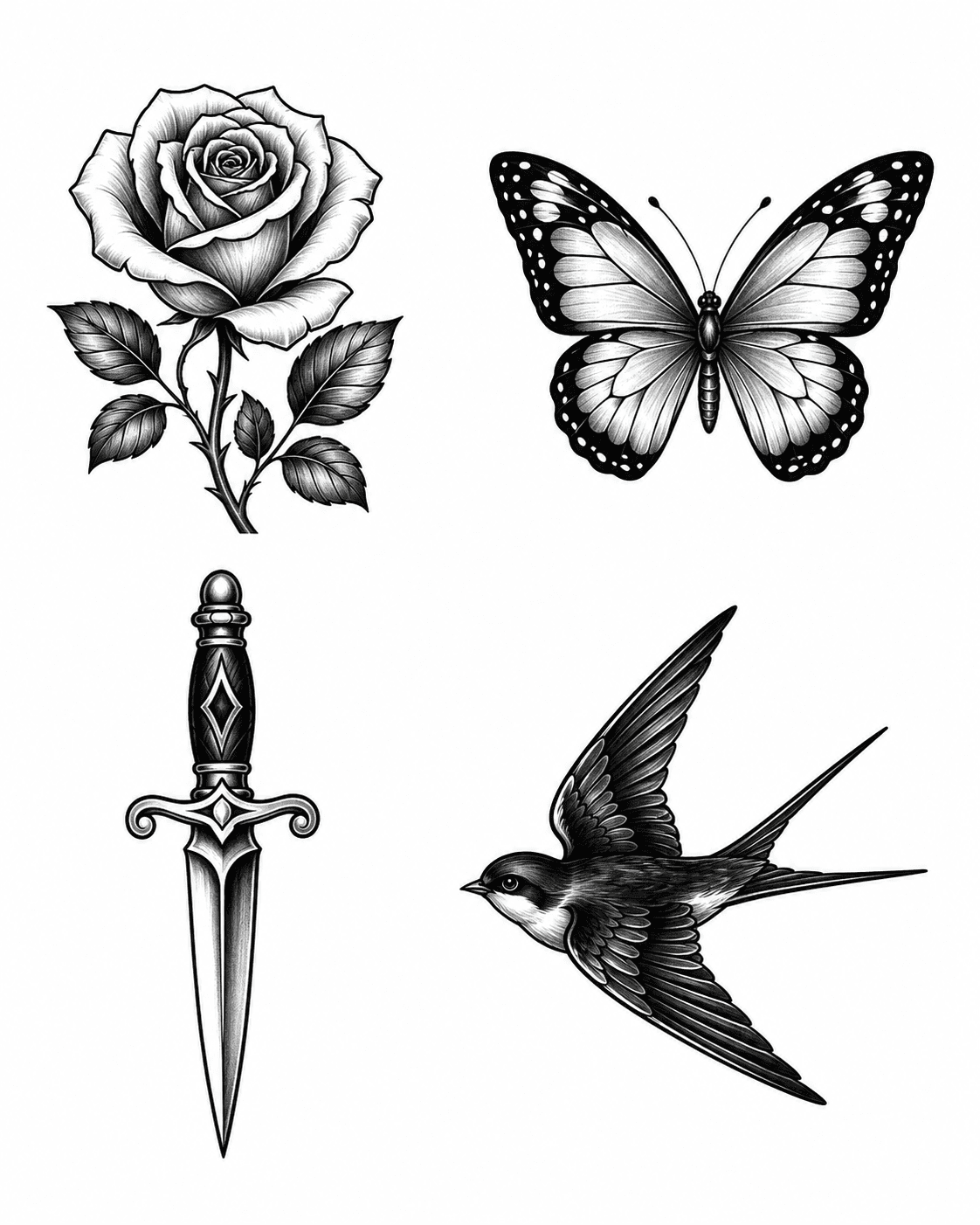 Planche de flashs avec une rose, un papillon, une dague et une hirondelle